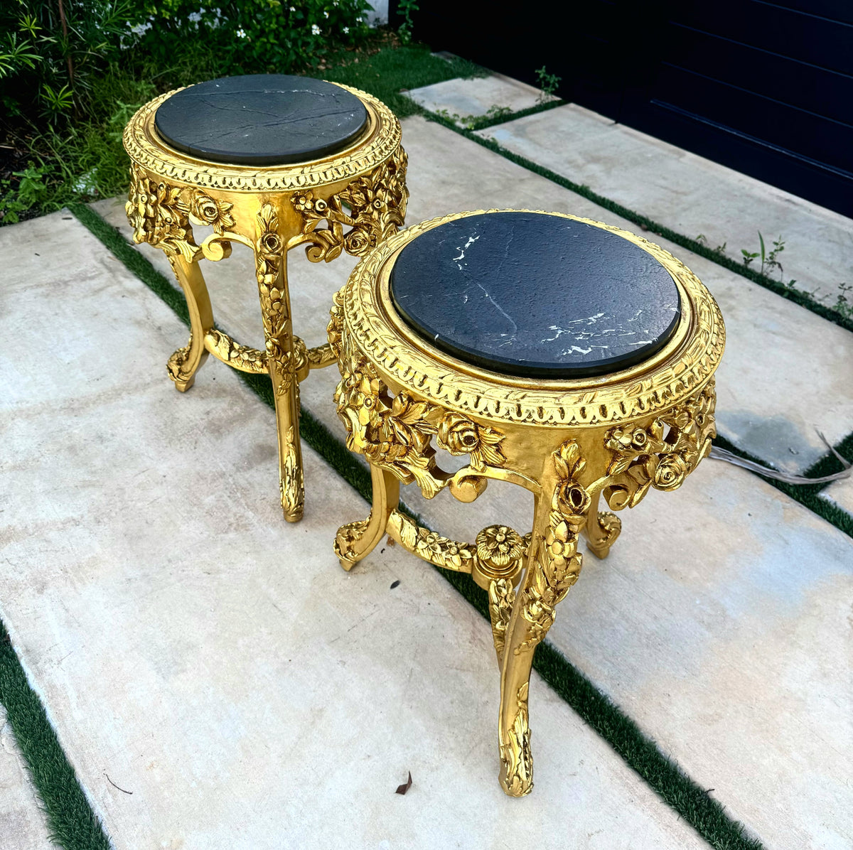 Set of 2 French-Style Gilded Side Tables – Black Marble Tops with Gold Leaf Details