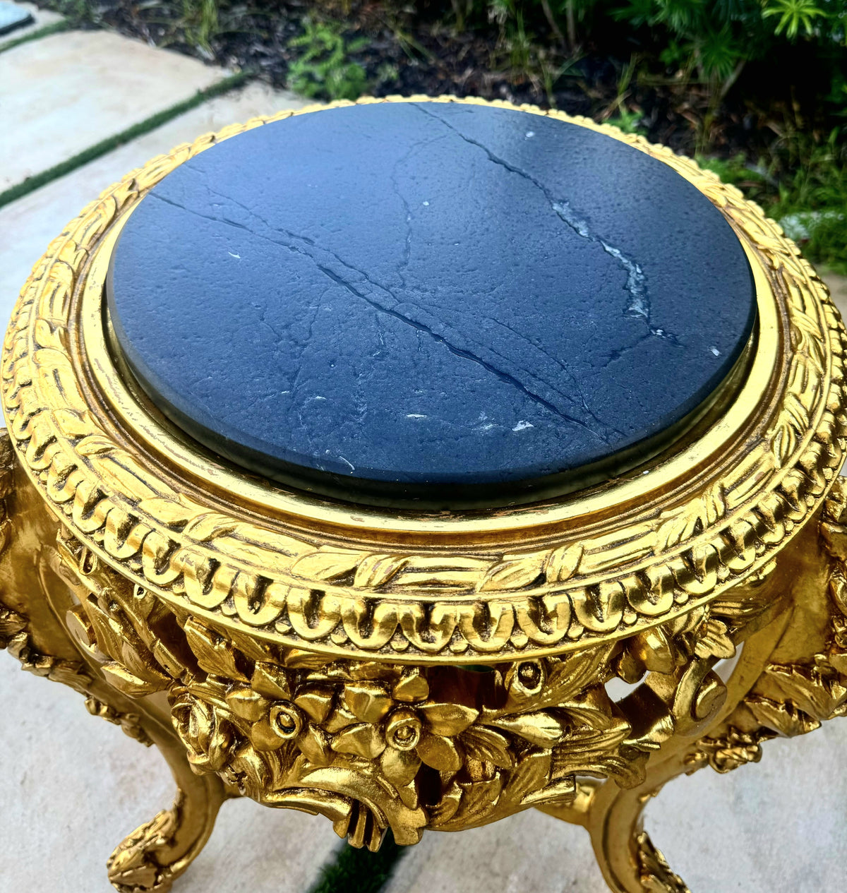 Set of 2 French-Style Gilded Side Tables – Black Marble Tops with Gold Leaf Details