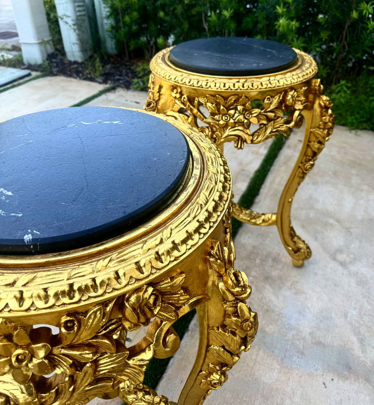 Set of 2 French-Style Gilded Side Tables – Black Marble Tops with Gold Leaf Details