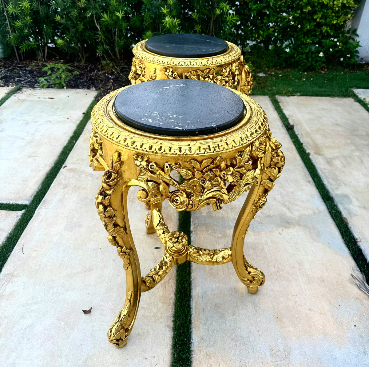 Set of 2 French-Style Gilded Side Tables – Black Marble Tops with Gold Leaf Details