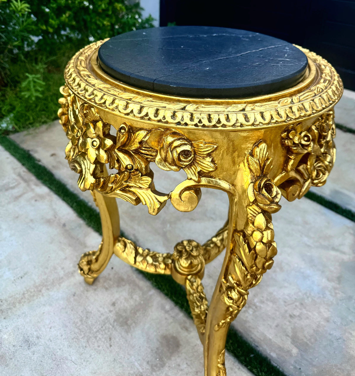 Set of 2 French-Style Gilded Side Tables – Black Marble Tops with Gold Leaf Details