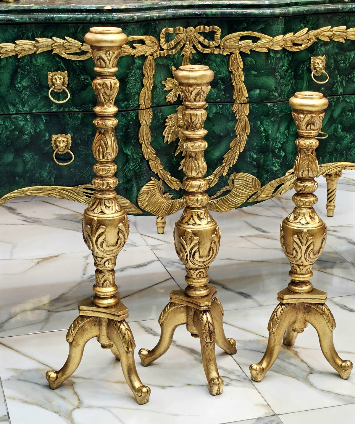 Set of 3 French-Style Gilded Candle Holders – Ornate Gold Leaf Finish with Sculpted Decorative Details