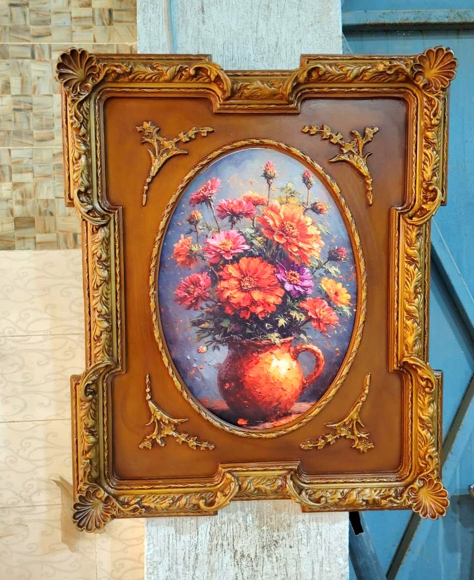 French-Inspired Floral Still Life Wall Art – Vibrant Bouquet in a Decorative Vase with Ornate Carved Wood & Gold Leaf Frame