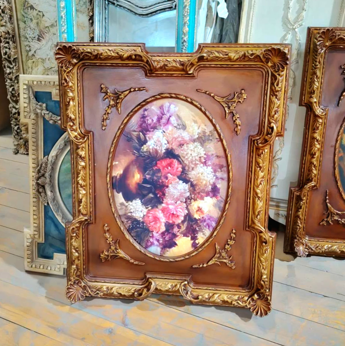 Ornate French-Inspired Floral Wall Art – Romantic Bouquet with Carved Wood Frame & Gold Leaf Details