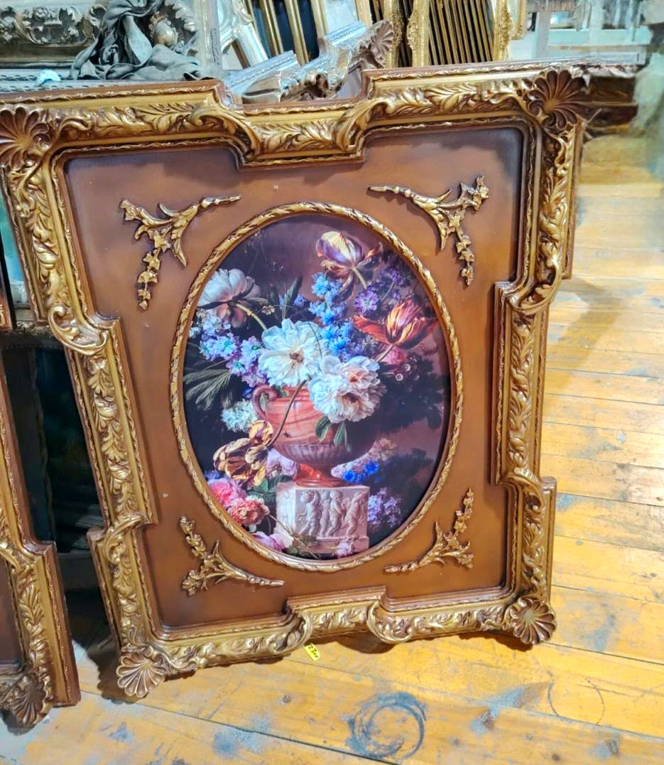French-Inspired Floral Still Life Wall Art – Colorful Flower Arrangement with Ornate Carved Wood & Gold Leaf Frame