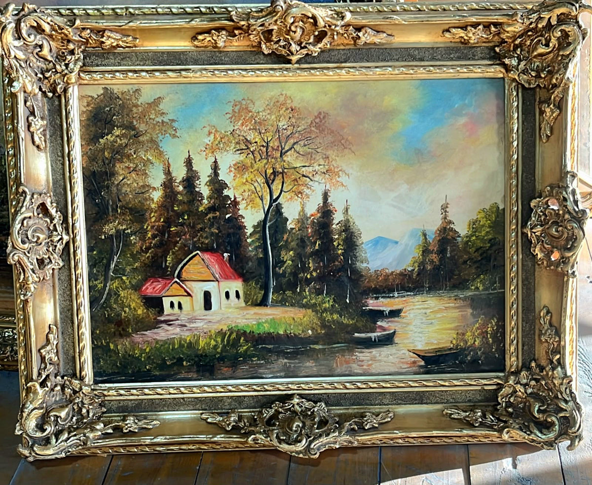 Rustic Woodland Landscape Painting – Lakeside Cottage Scene with Ornate Silver Leaf Frame