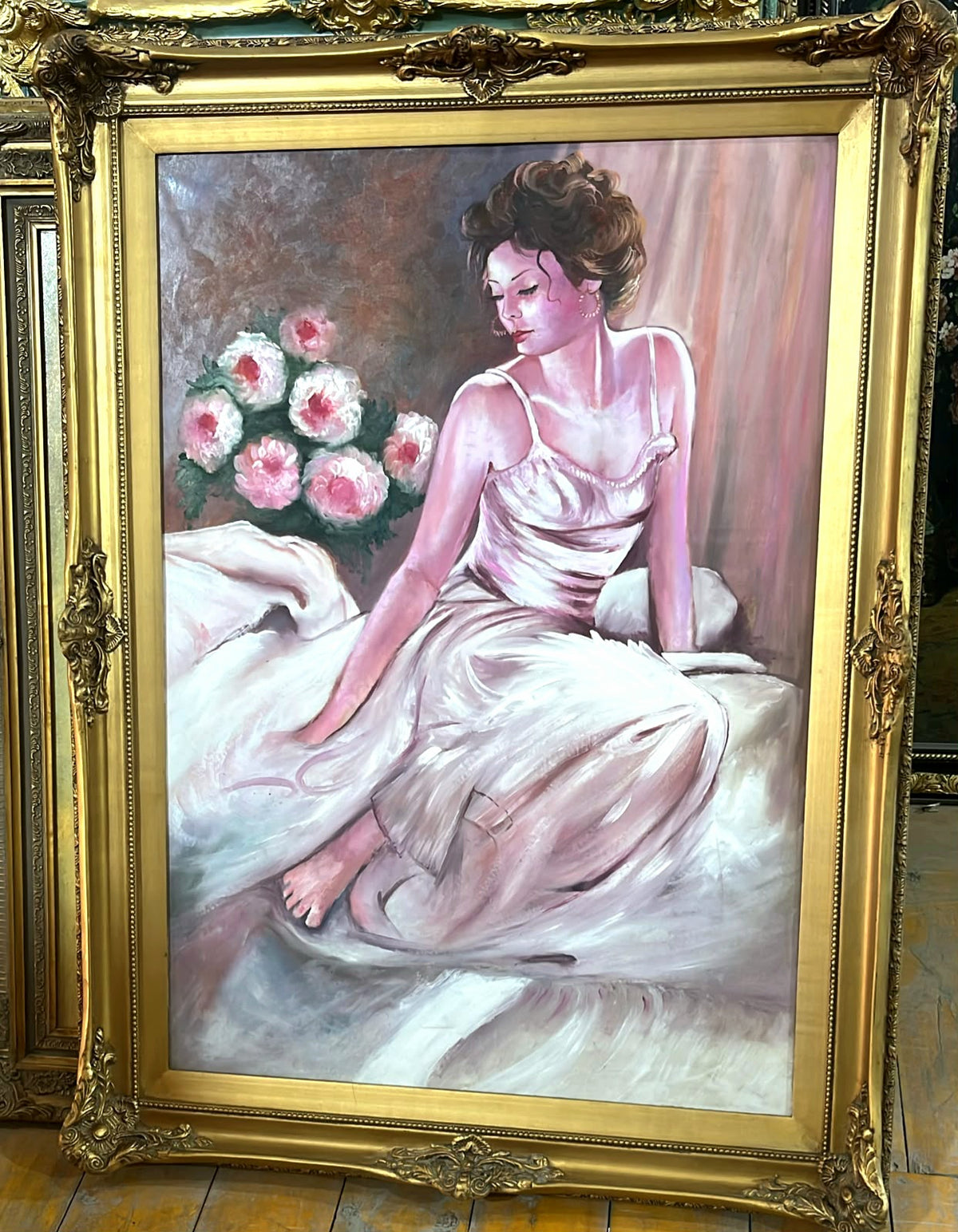 Romantic Portrait Painting of a Woman in a White Gown – Ornate Gold Leaf Frame