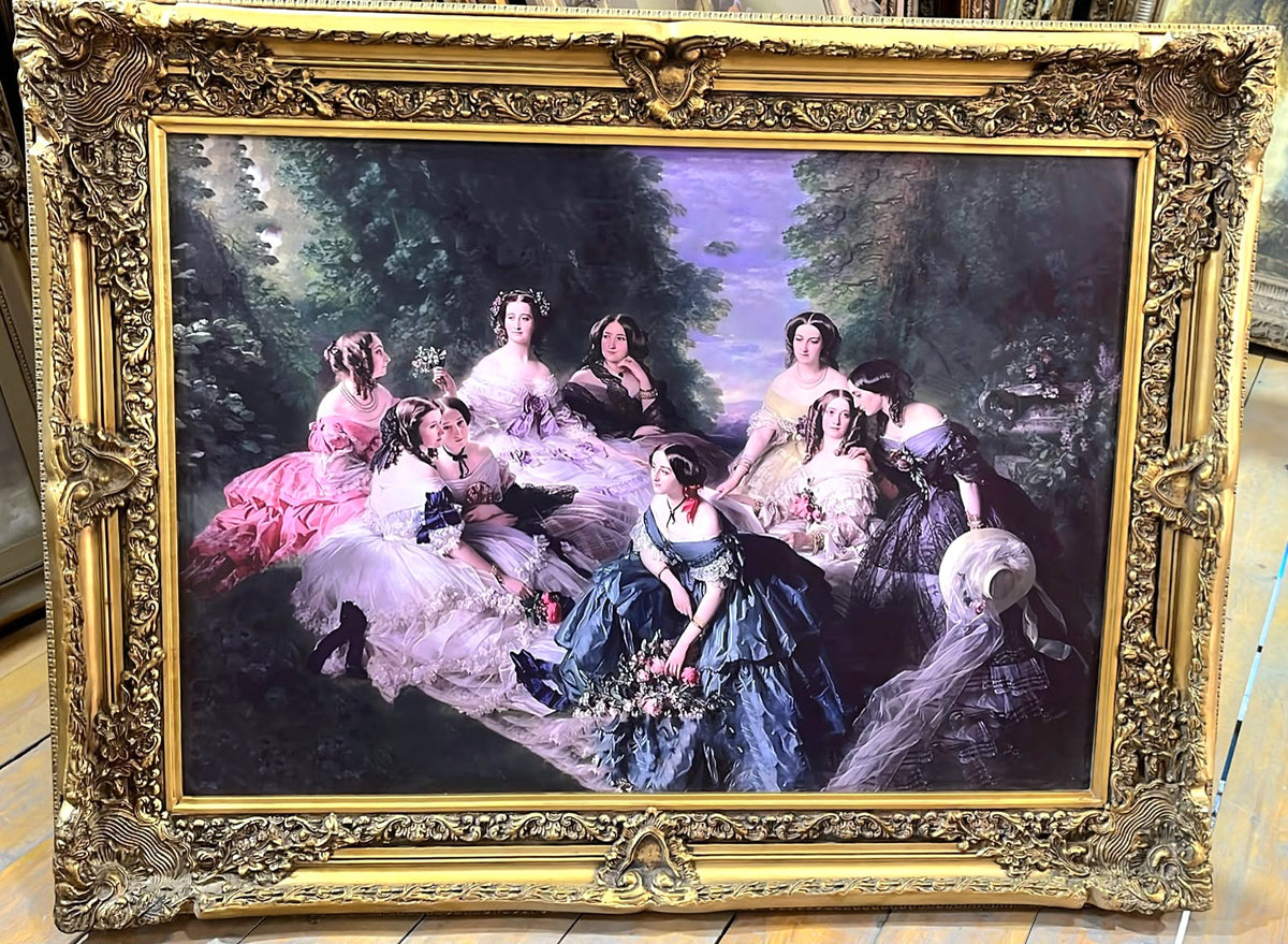 Grand European Salon Scene Wall Art – Elegant Ladies in Conversation with Ornate Gold Leaf Frame