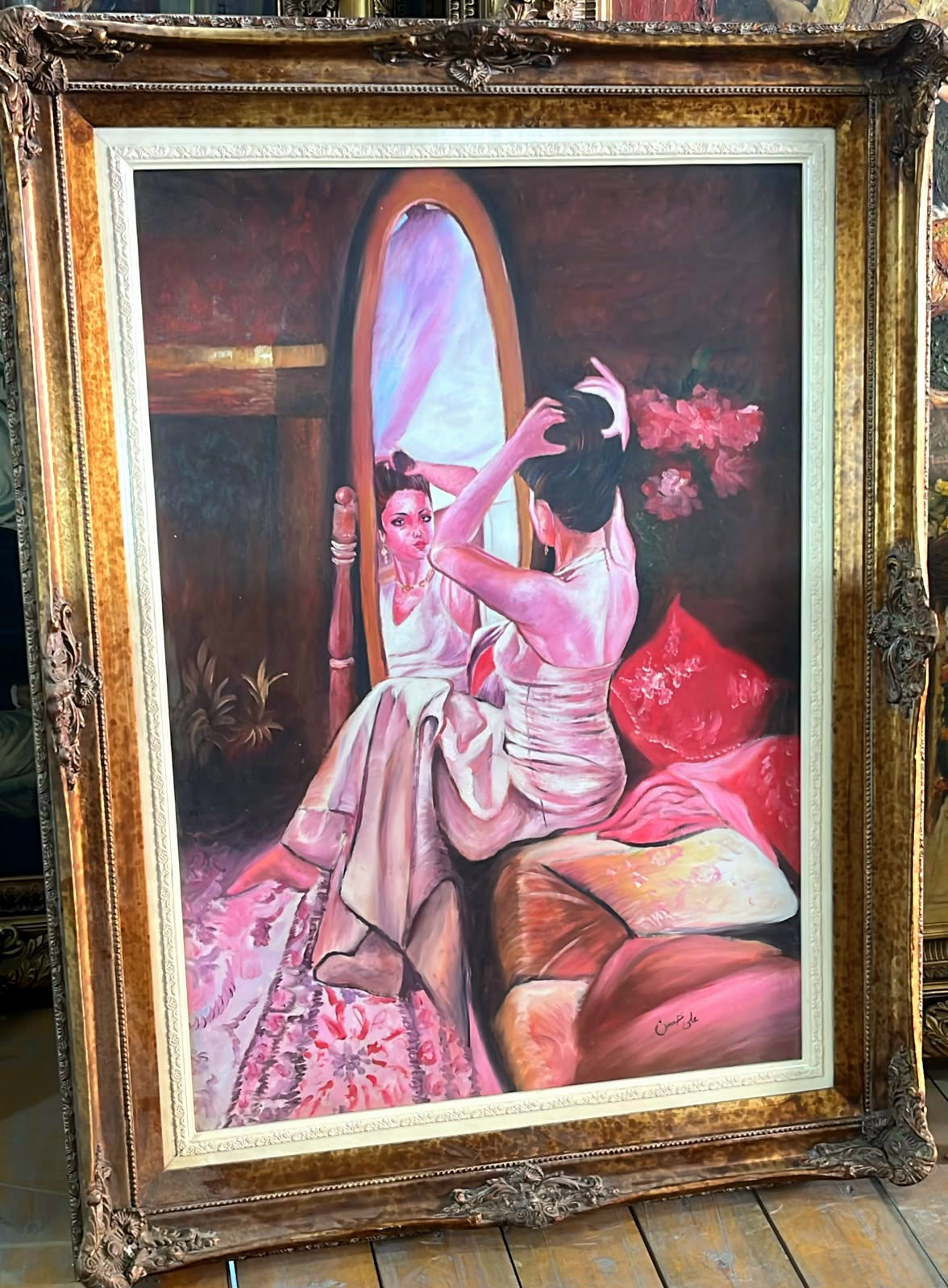 Romantic Woman at the Mirror Wall Art – Elegant Feminine Portrait with Ornate Gold Leaf Wood Frame