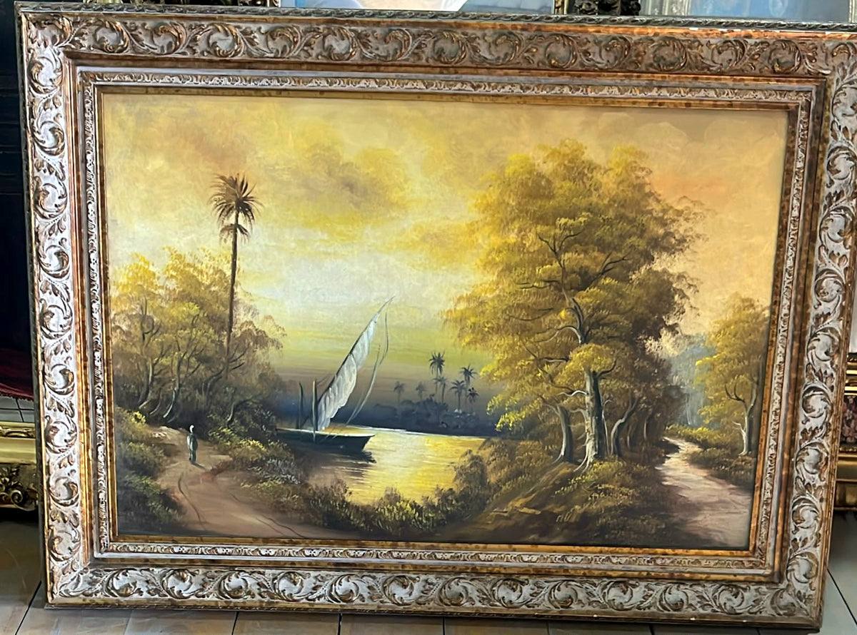 Romantic River Landscape Wall Art – Silver Leaf Ornate Frame with Sailboat & Golden Sunset