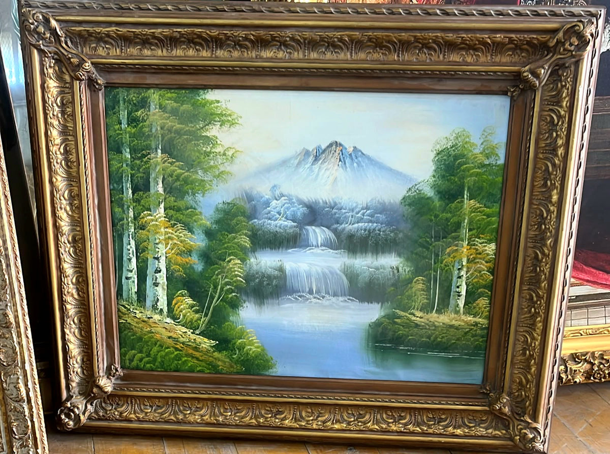 Mountain Waterfall Landscape Painting – Ornate Gold Leaf Frame with Forest & Alpine Scenery