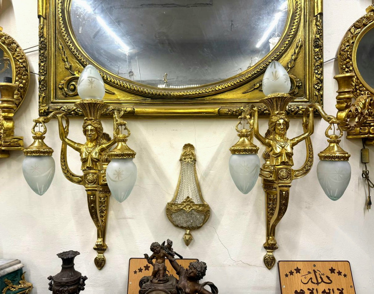 Pair of French Empire Wall Sconces – Sculpted Gold Leaf Finish, Classical Female Figure & Three Lights Each