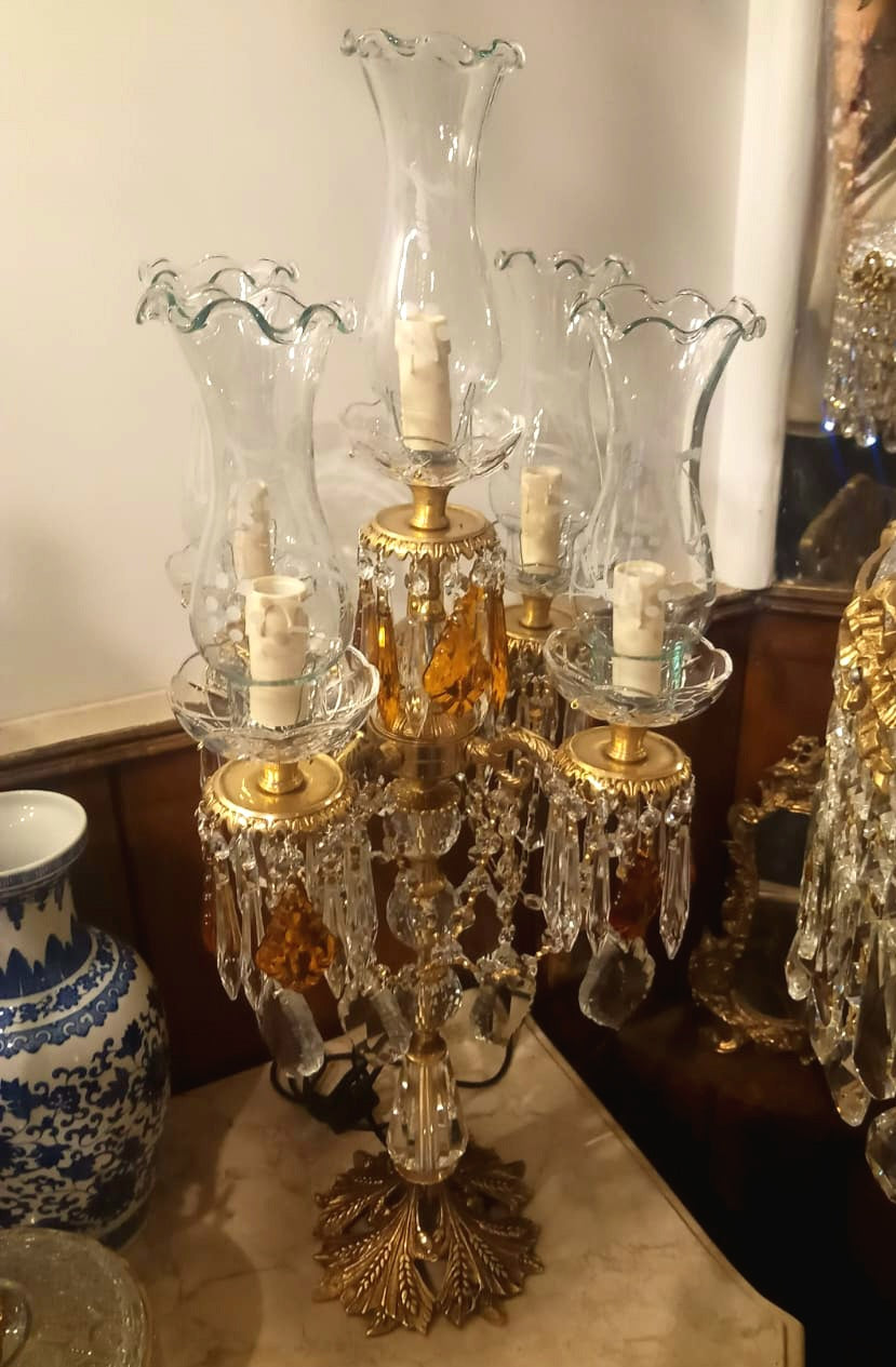 French-Style Crystal Table Candelabra – Gold Leaf Base, Amber Crystal Accents & Sculpted Glass Shades