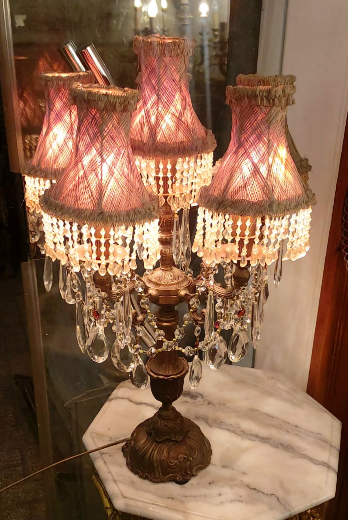 Pink Crystal Table Lamp – Ornate Gilded Base, Rose-Tone Shades & Cascading Crystal Drops