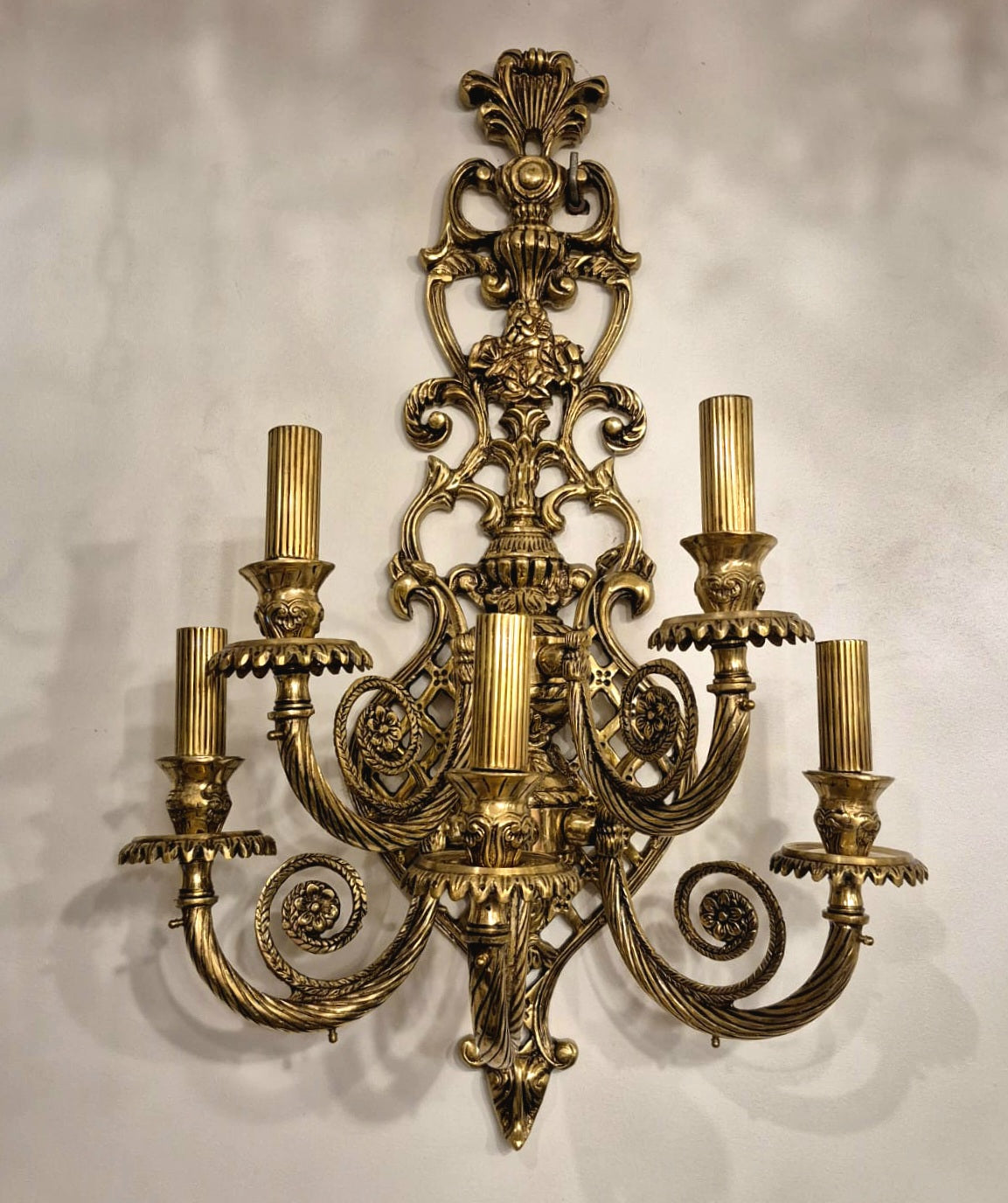 Pair of French Neoclassical Wall Sconces – Ornate Gold Leaf Finish with Five Sculpted Candle Arms Each