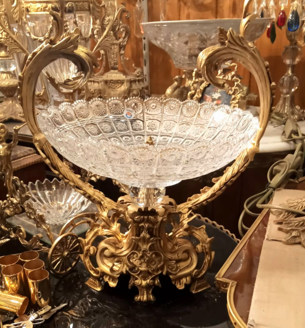 French-Style Cut Crystal Centerpiece Bowl – Ornate Gold Leaf Frame with Sculptural Gilded Details