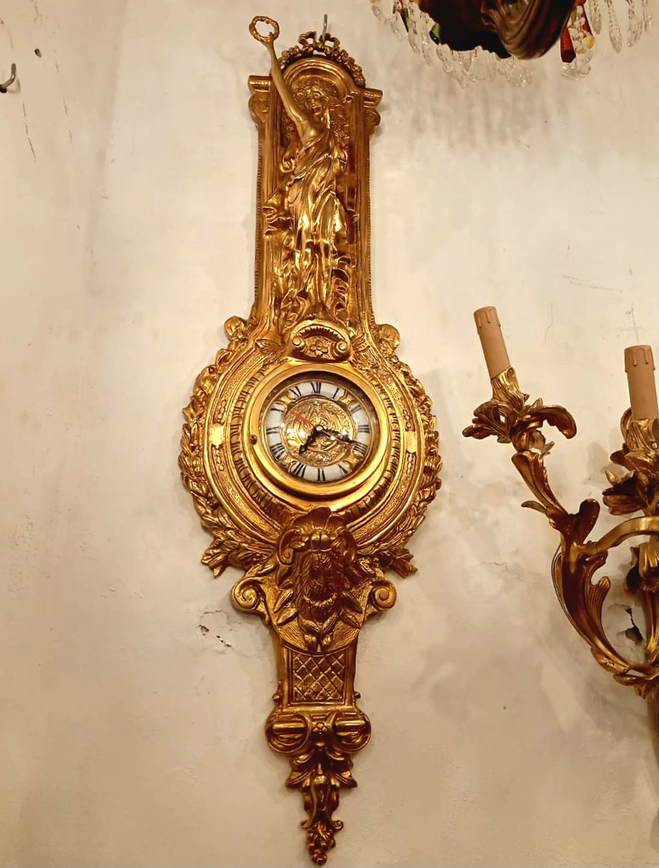 French Rococo Gilded Wall Clock – Sculptural Female Figure, Gold Leaf & Ornate Bronze Details