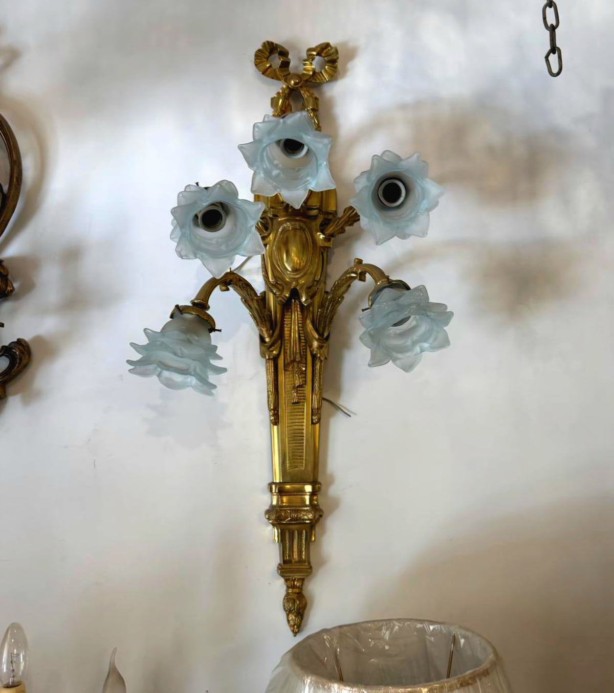 Pair of French Louis XVI-Inspired Wall Sconces – Gold Leaf Finish with Five Floral Glass Shades Each