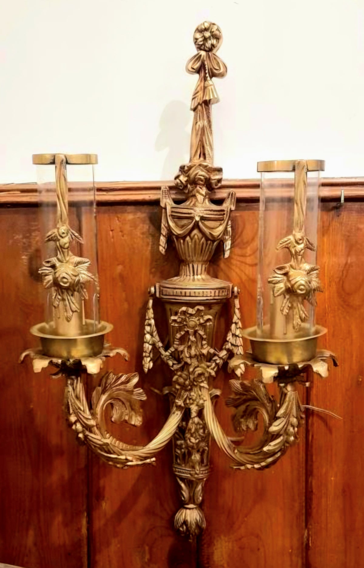 Grand French Neoclassical Wall Sconce – Ornate Gilt Bronze Finish, Sculptural Urn Motif & Double Candle Lights