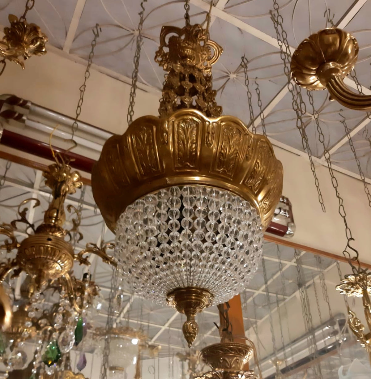 French-Style Crystal Pendant Chandelier – Ornate Gilded Bronze Finish with Radiant Crystal Basket