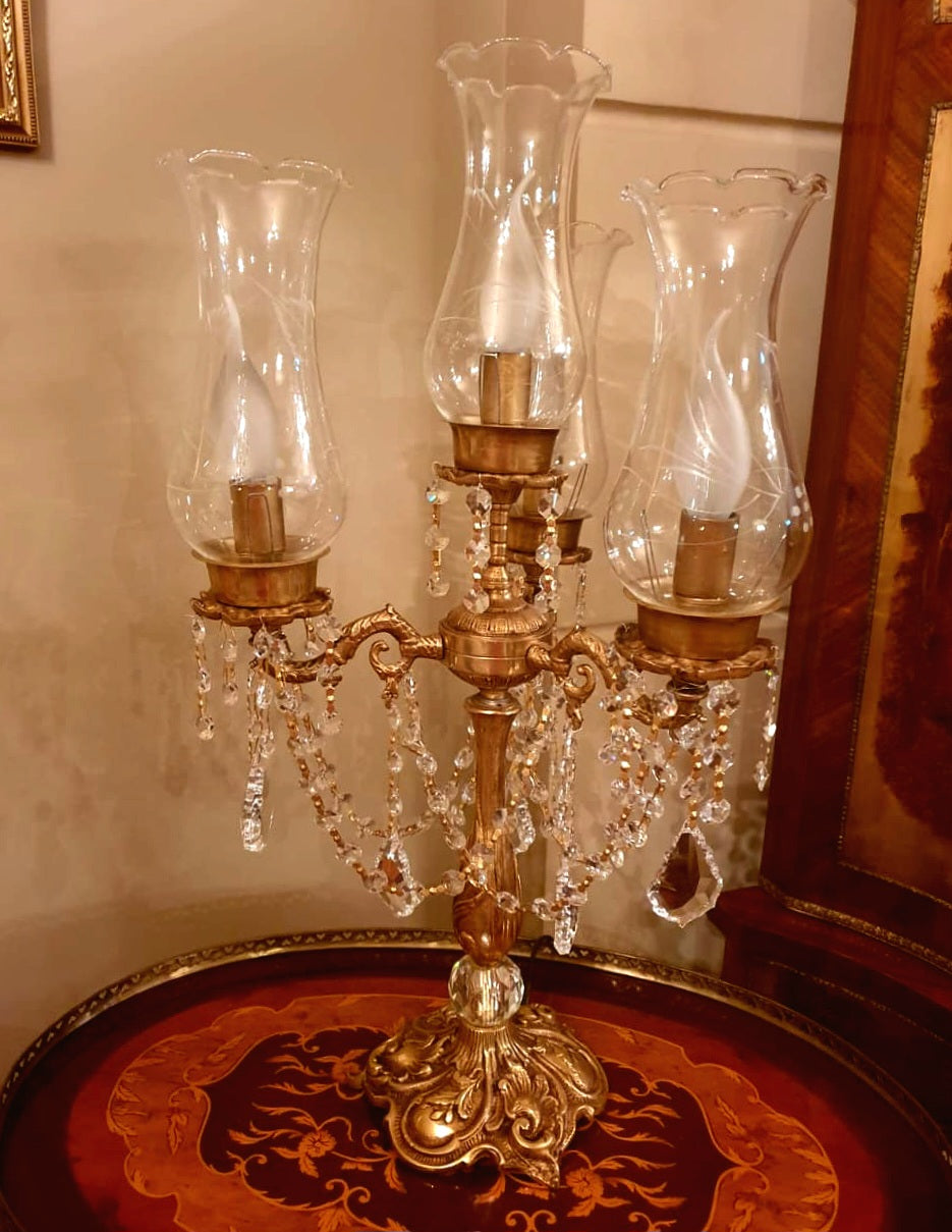 French-Style Crystal Candelabra Table Lamp – Gilded Gold Leaf Base, Cascading Crystal Drops & Glass Hurricane Shades