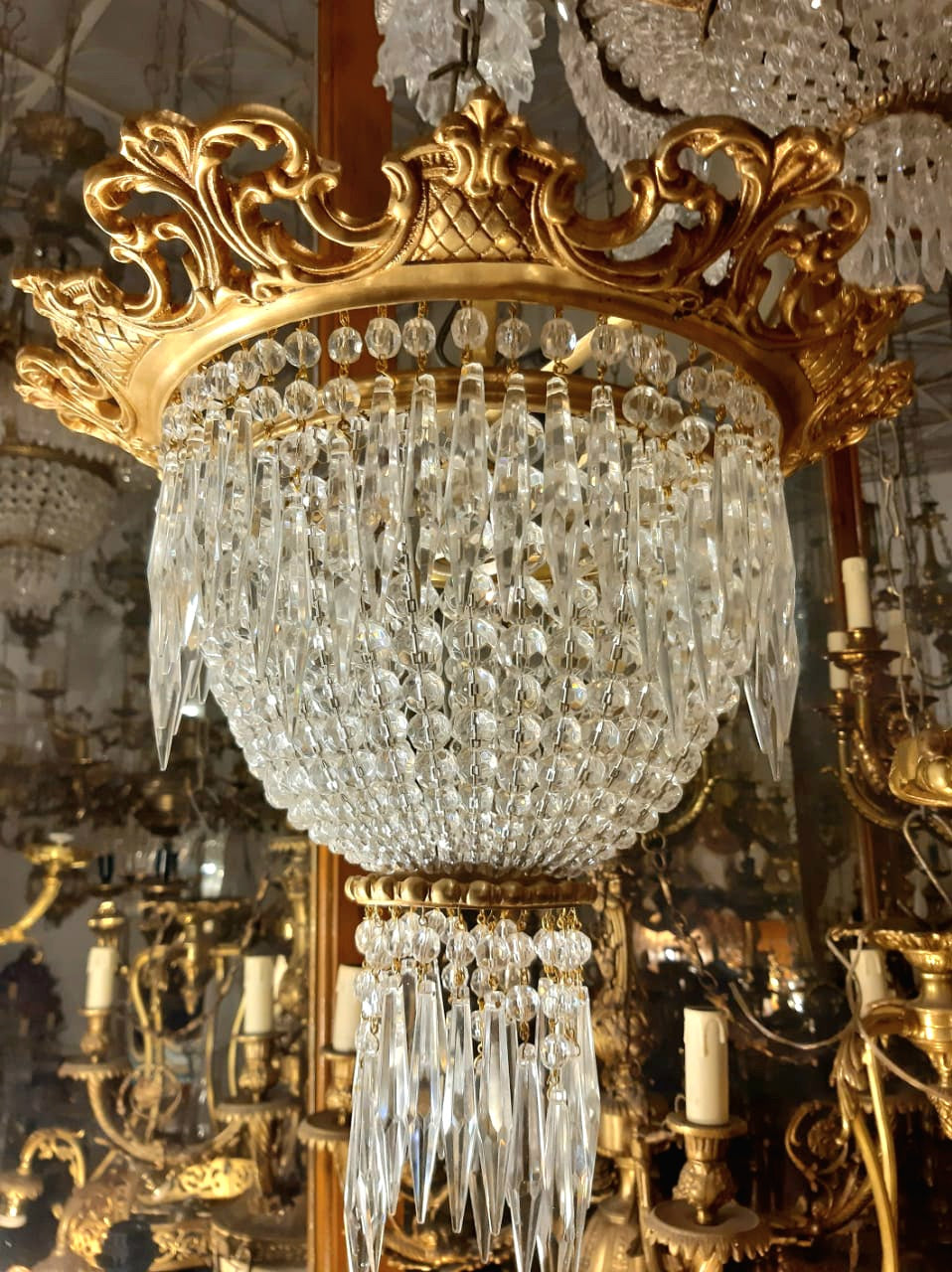 French-Style Crystal Chandelier – Ornate Gold Leaf & Bronze Frame with Cascading Crystal Waterfall