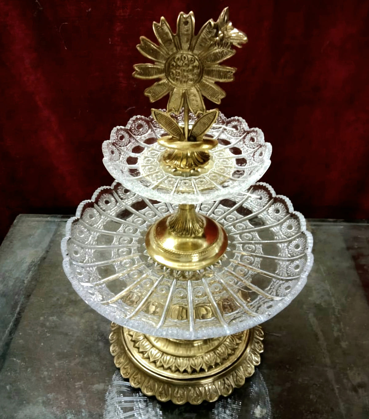 French-Style Crystal Centerpiece – Tiered Cut Glass & Ornate Gold Leaf Floral Finial