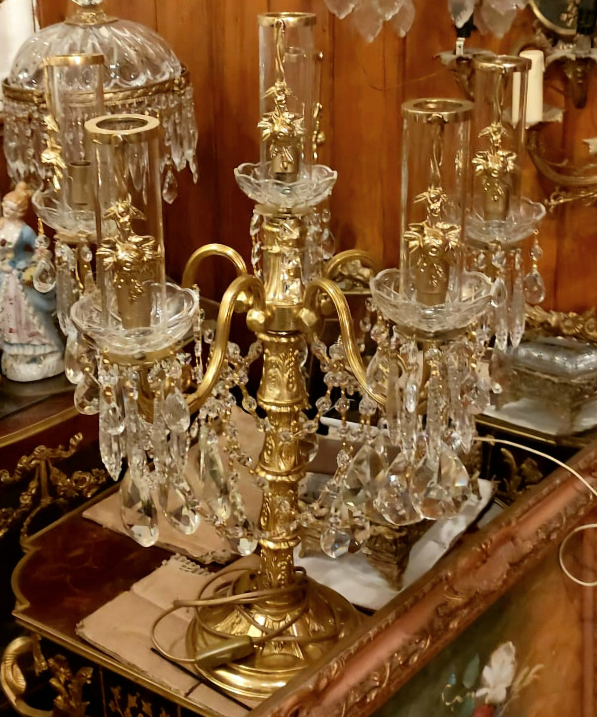 French-Style Five-Light Crystal Candelabra – Ornate Gold Leaf Finish & Cascading Glass Accents