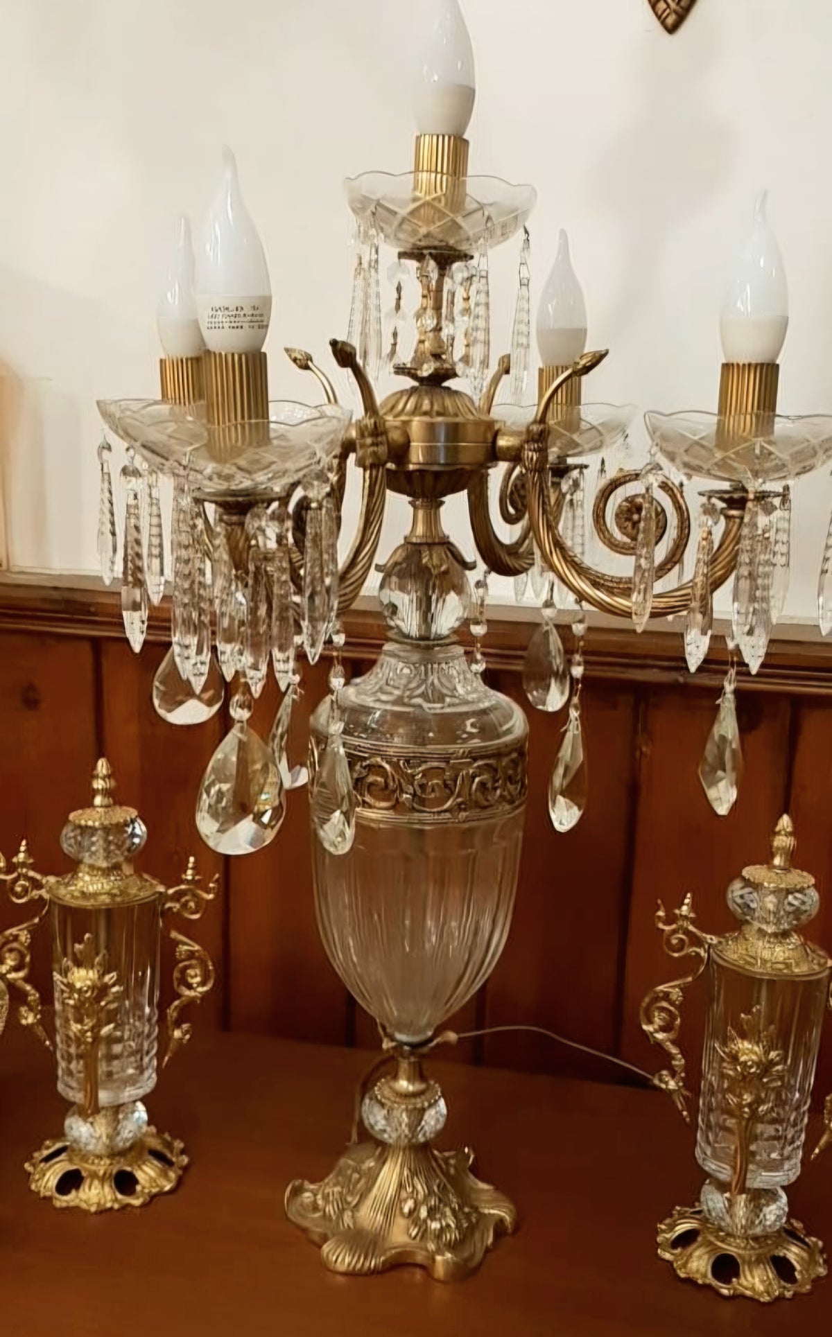 French-Style Five-Light Candelabra Lamp – Ornate Gilded Bronze, Gold Leaf & Cascading Crystal Accents