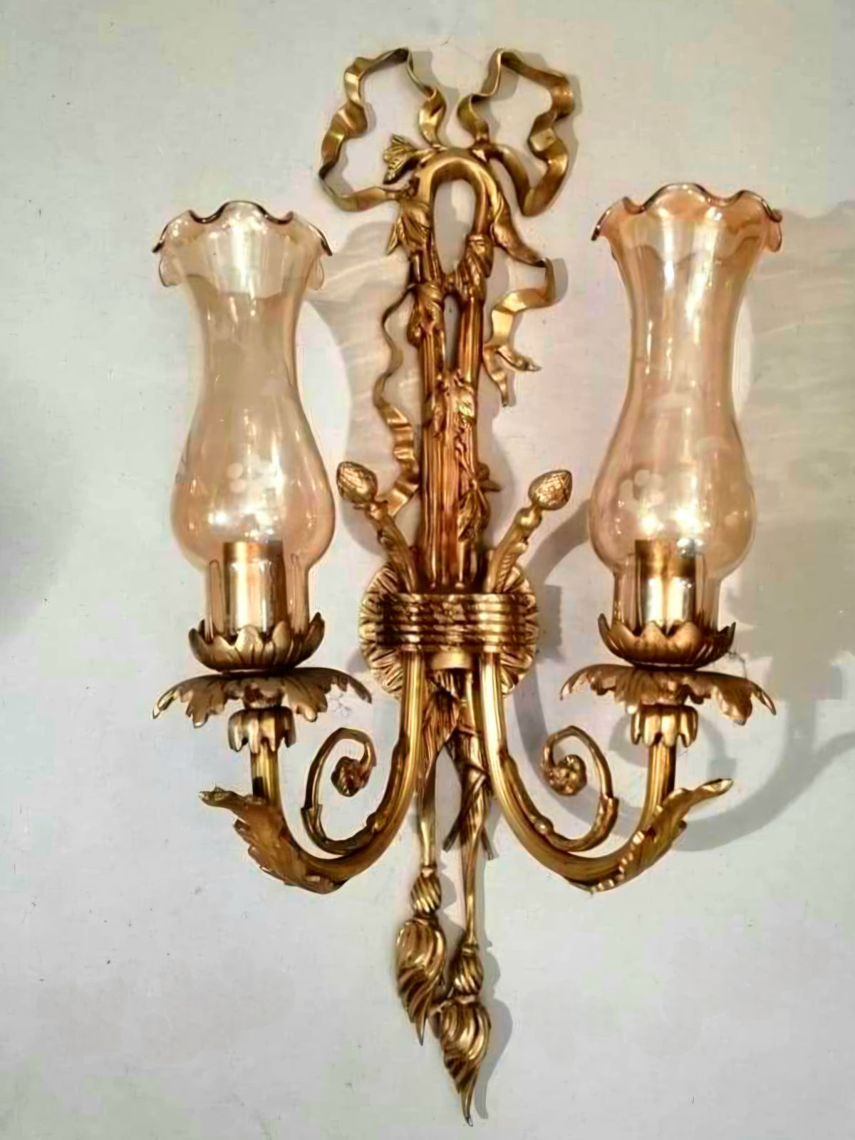 Romantic French-Style Wall Sconce – Ornate Gold Leaf Bronze, Glass Shades & Sculpted Ribbon Details