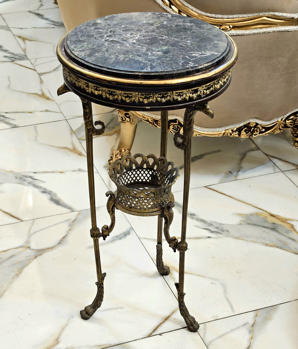 The Gilded Nest – Sculptural Side Table with Marble Top, Slender Metal Legs & Ornate Wood Accents