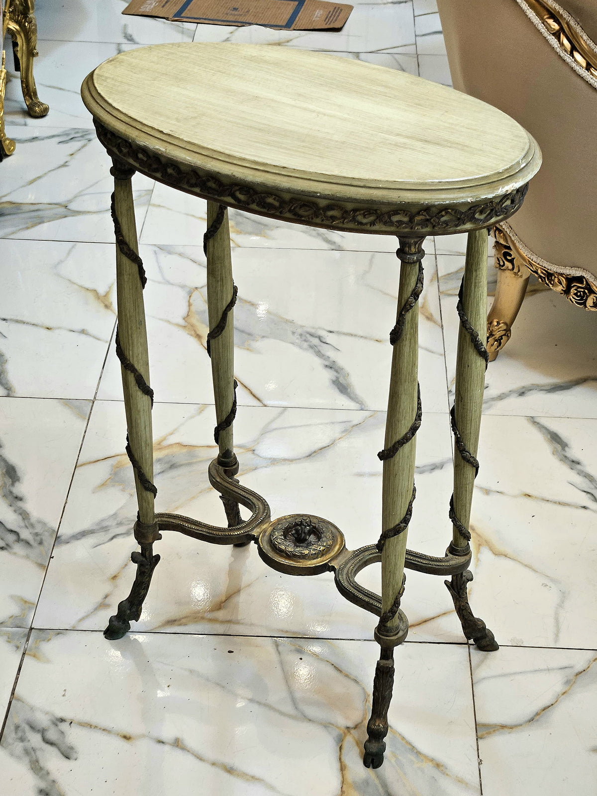 Whimsical Garden – French-Inspired Oval Side Table with Sage Green Finish, Sculptural Legs & Ornamental Details