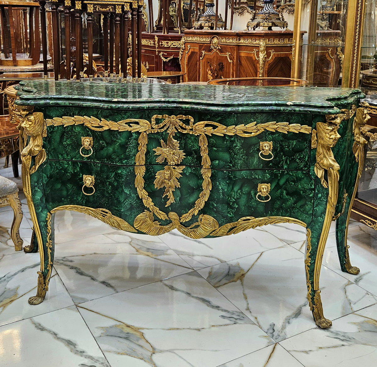 Bottle Green Majesty – French Louis XV Commode with Marble-Effect Finish, Gilded Bronze Accents & Lion-Head Handles
