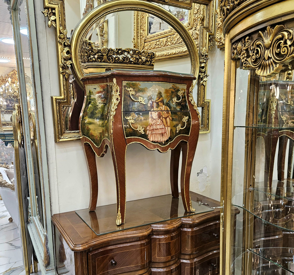 Rococo Reverie – French Accent Chest with Romantic Hand-Painted Landscapes & Intricate Gilded Details