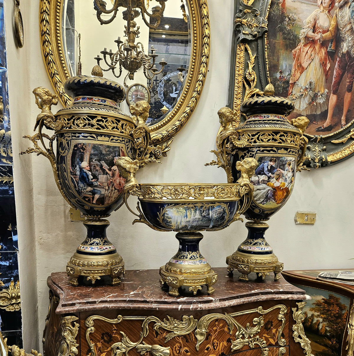 Sapphire Court Splendor – French-Inspired Blue Porcelain Garniture Set with Gilded Floral Vases & Ornate Decorative Centerpiece