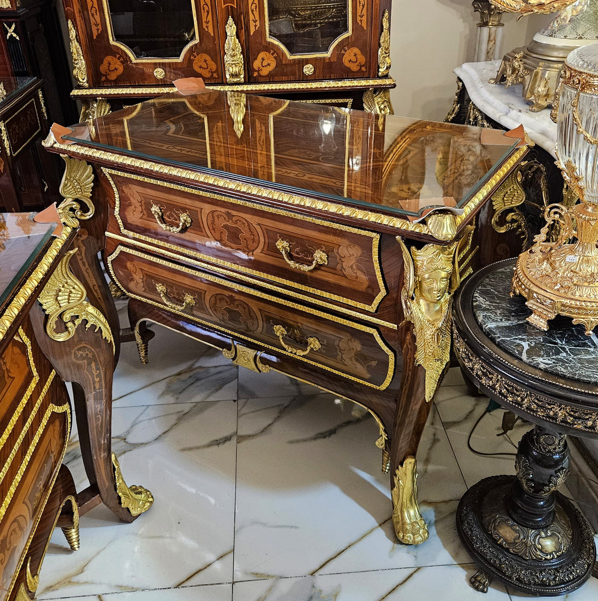 Imperial Botanica – French Empire-Style Commode with Floral Marquetry, Marble Top & Gilded Bronze Ornaments