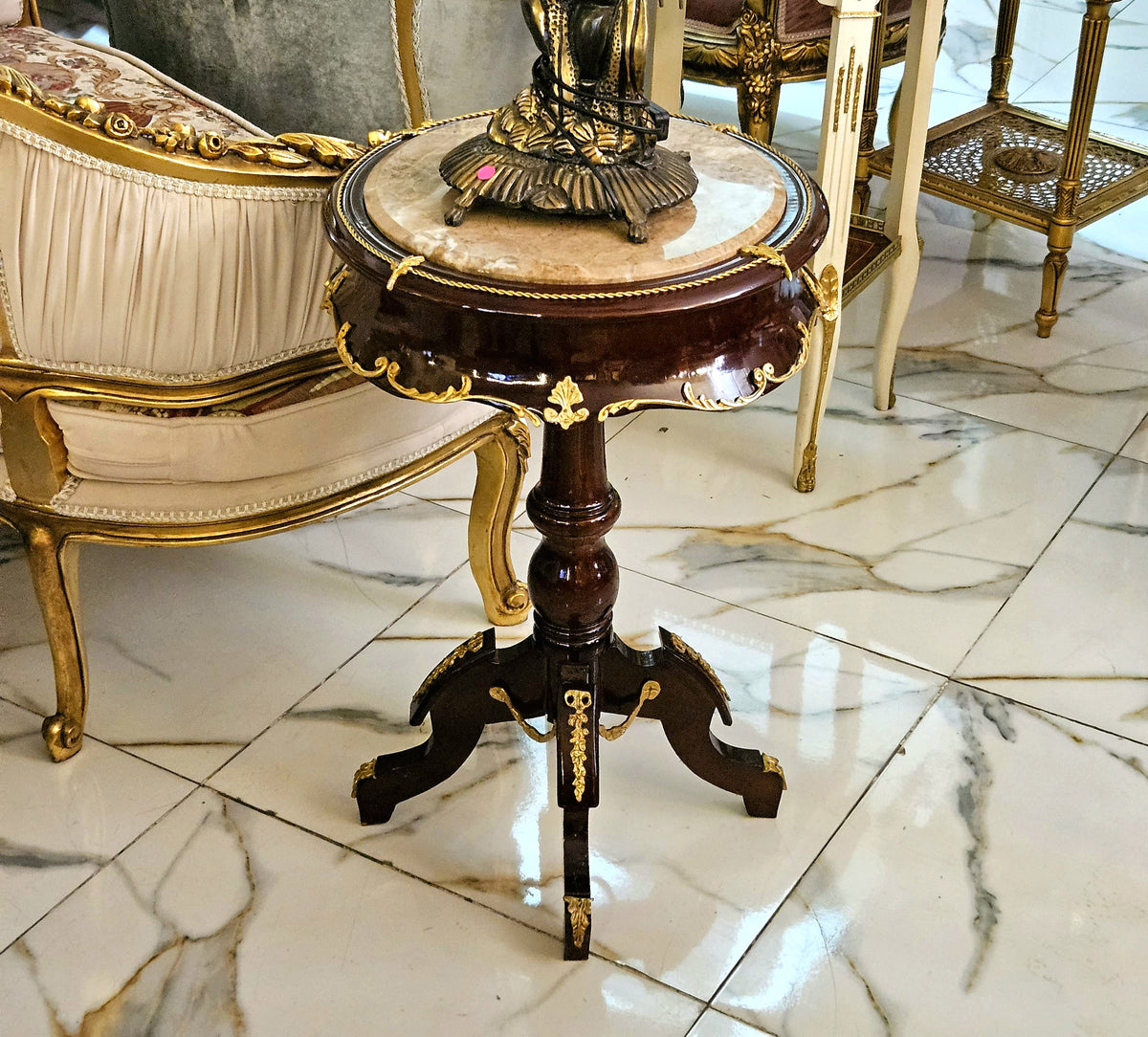 The Gilded Pedestal – Round Marble-Top Side Table with Hand-Gilded Details & Sculpted Wood Base