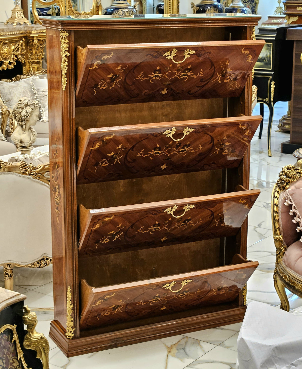 The Royal Welcome – French Louis XV-Inspired Shoe Cabinet with Intricate Wood Inlay & Elegant Bronze Accents