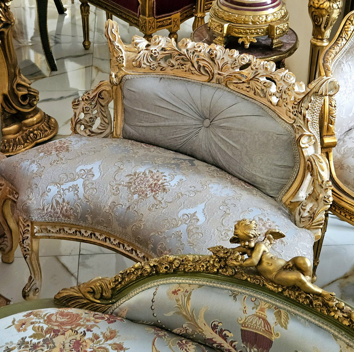 Celestial Blue – French-Inspired Settee with Light Blue Damask Upholstery & Ornate Gilded Gold Leaf Frame