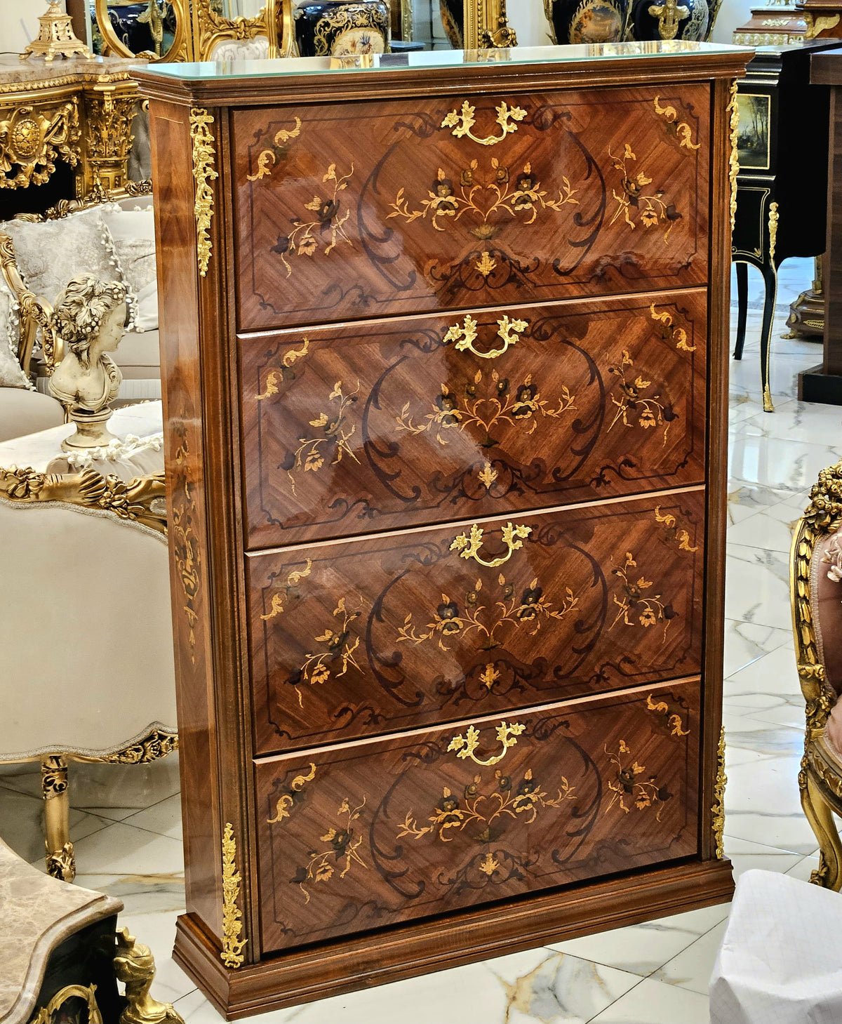 The Royal Welcome – French Louis XV-Inspired Shoe Cabinet with Intricate Wood Inlay & Elegant Bronze Accents
