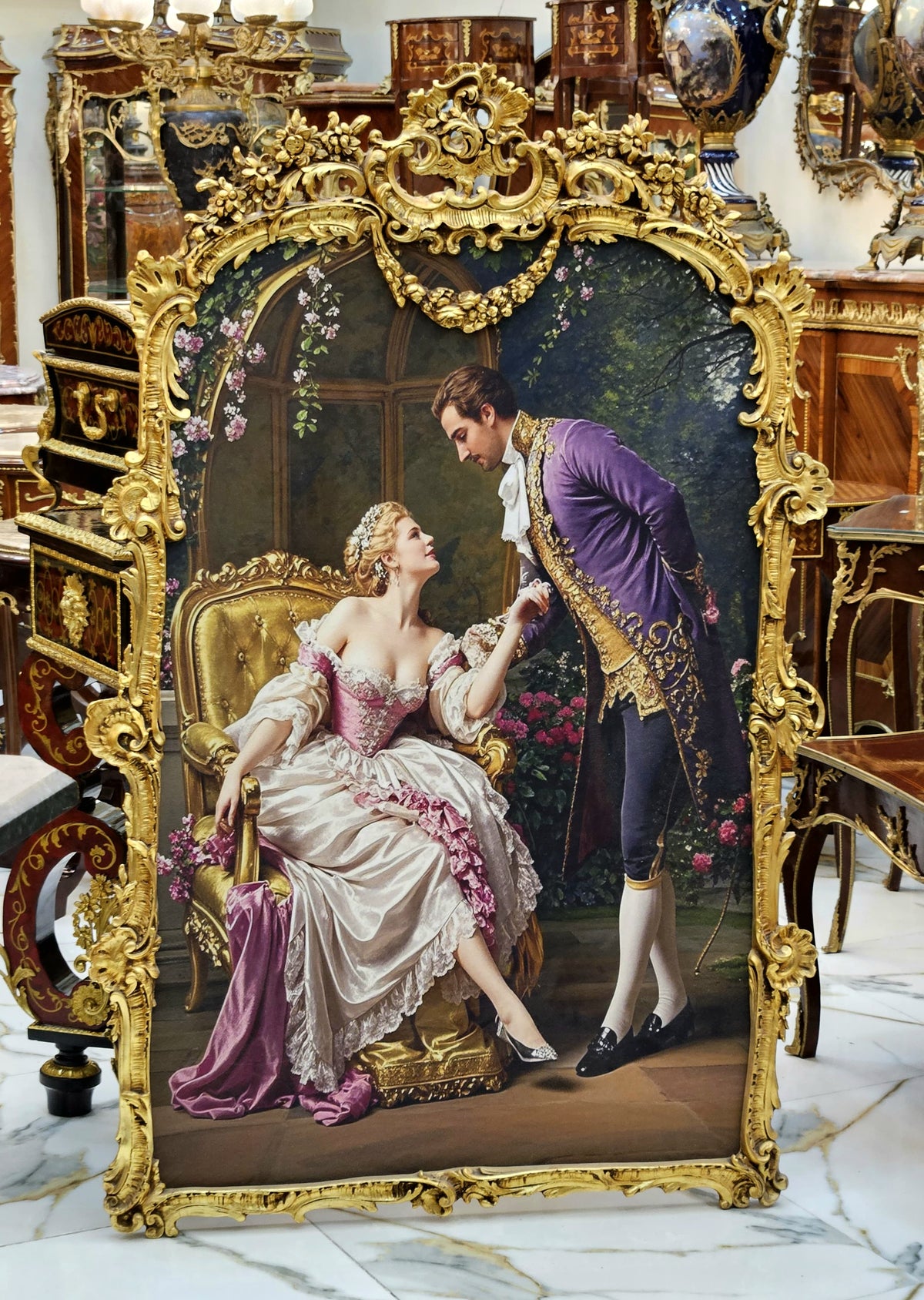 A Courtship in Bloom – Romantic French Rococo Painting with Ornate Gold Leaf Frame & Elegant Couple