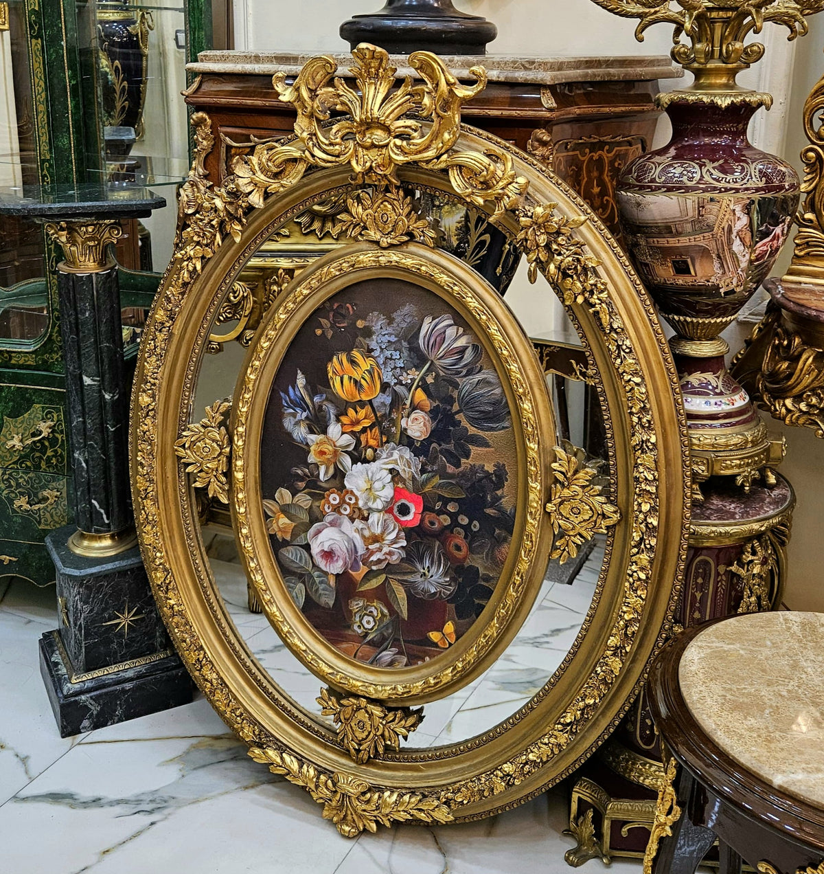 The Rococo Floral Reverie – Oval Decorative Mirror with Romantic Artwork & an Ornately Gilded Gold Leaf Frame