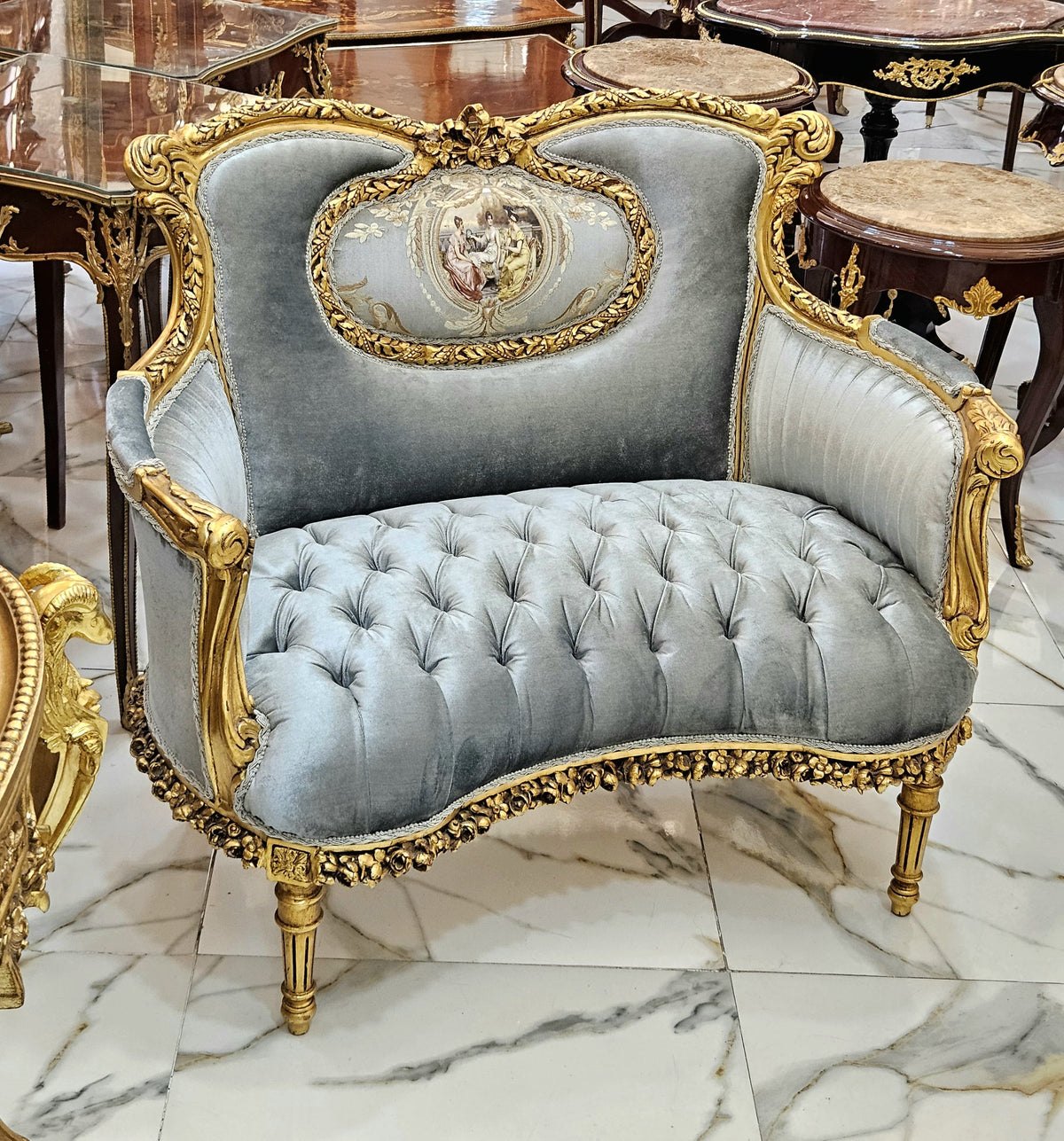 Sky Blue Splendor – French Rococo Loveseat with Tufted Velvet Upholstery, Blue Damask Accents & Gilded Louis XV Frame