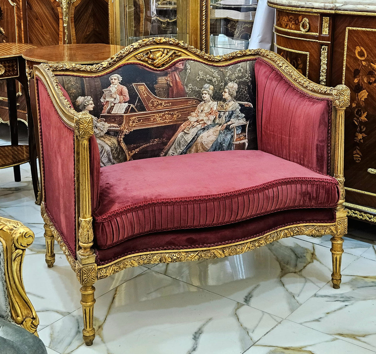 The Burgundy Salon – French Louis XVI-Inspired Settee with Velvet Upholstery, Gilded Frame & Painted Backrest