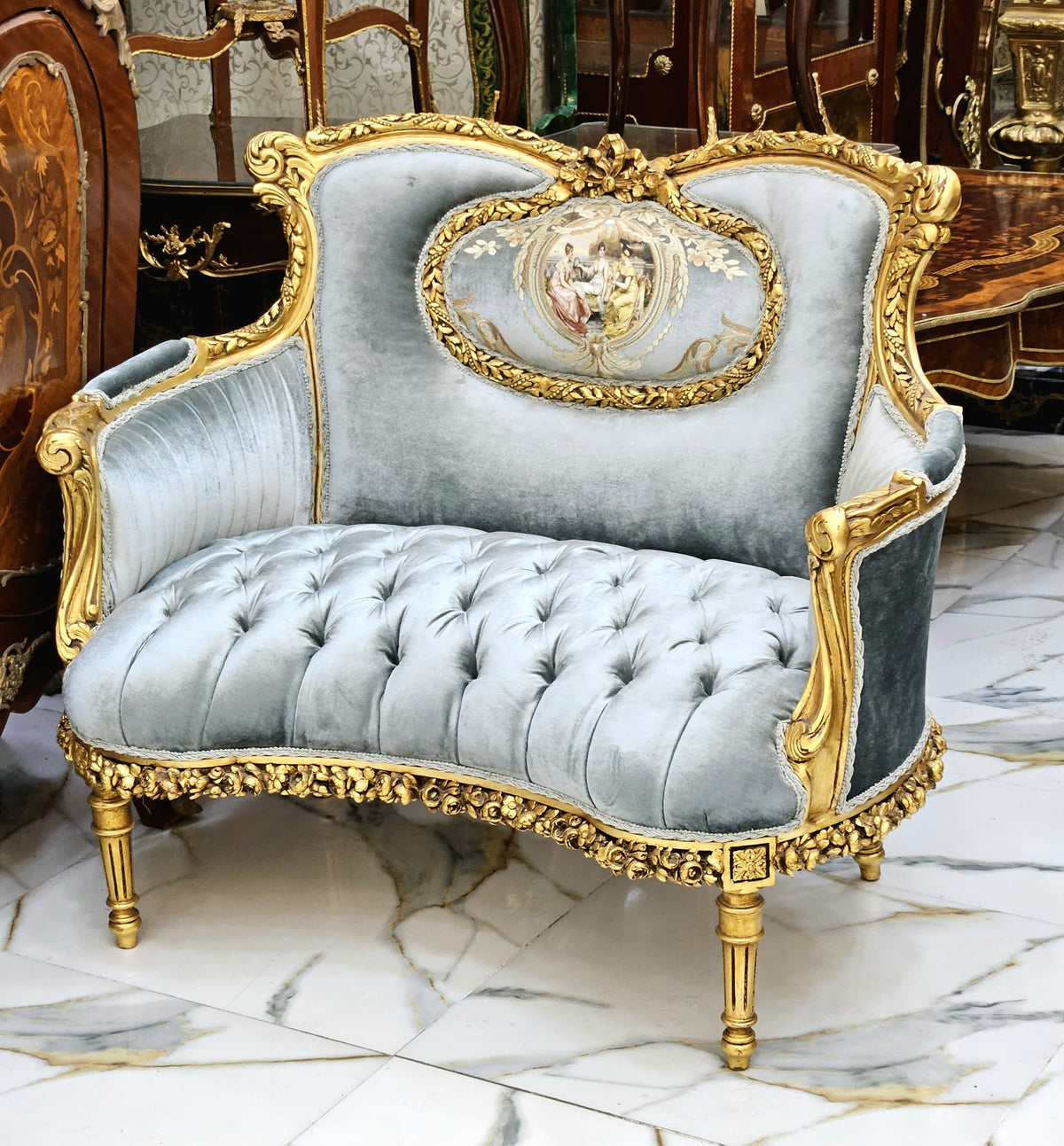 Sky Blue Splendor – French Rococo Loveseat with Tufted Velvet Upholstery, Blue Damask Accents & Gilded Louis XV Frame