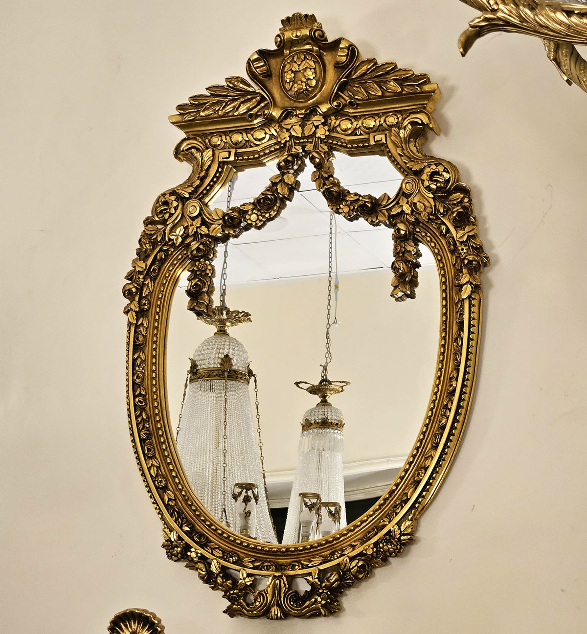 The Royal Garland – French Baroque Oval Wall Mirror with Ornate Gold Leaf Frame & Floral Swags