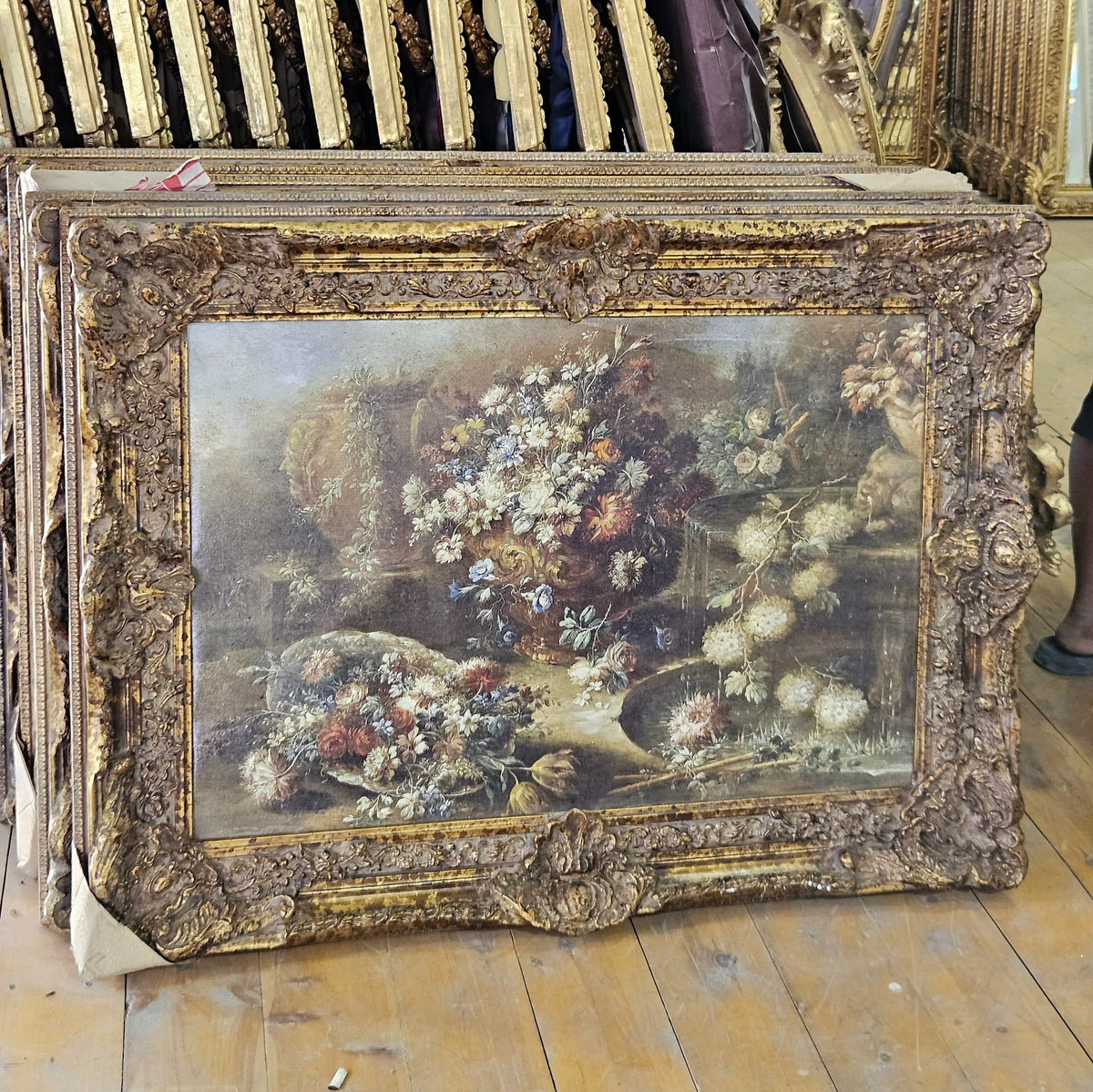 Grand Floral Splendor – Ornate Gilt Frame Still Life Painting with Elaborate Gold Leaf Details