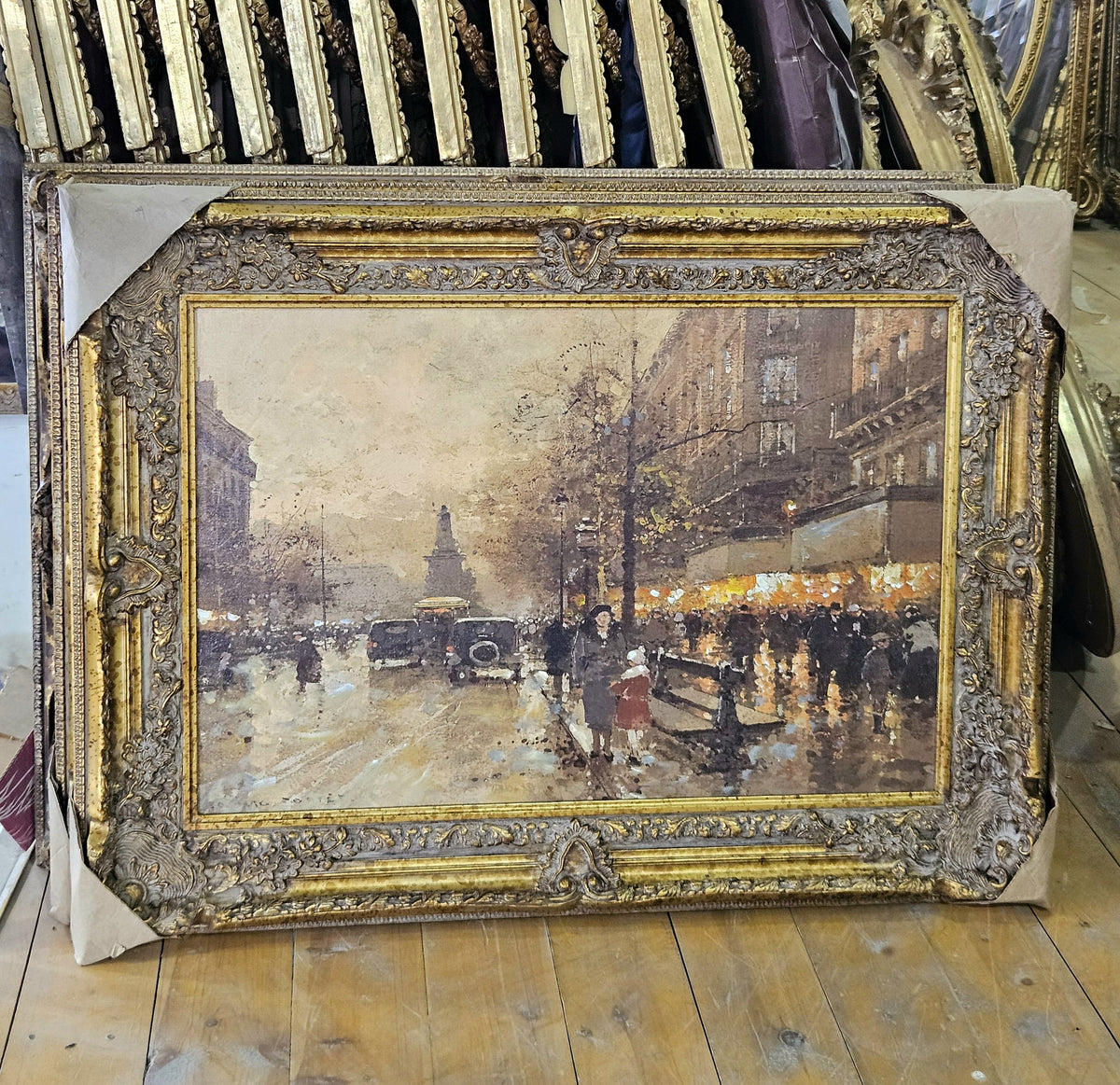 Parisian Evening – Ornate Gilt Frame Cityscape Painting with Golden Lights & Classic Street Scene