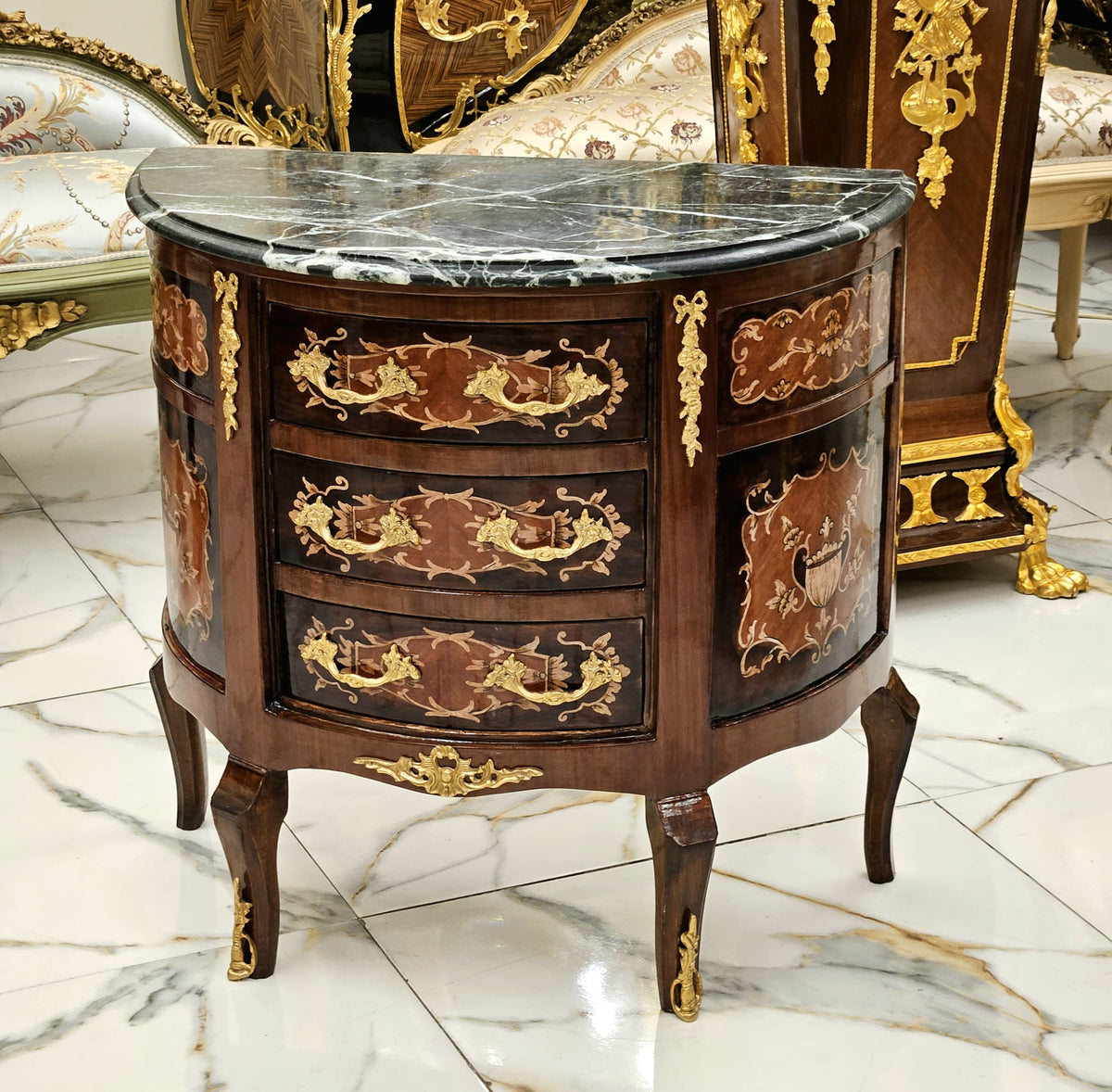 Marquetry Charm – Louis XV-Inspired Bedside Table with Three Drawers & Elegant French Details