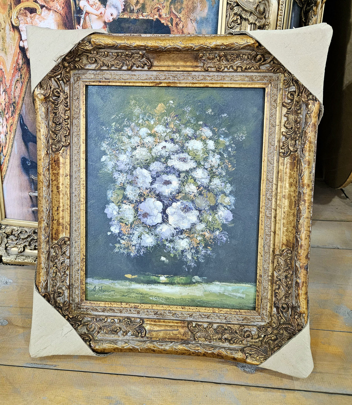 Ivory Blossom Reverie – Floral Still Life Painting with Ornate Gold Leaf Frame